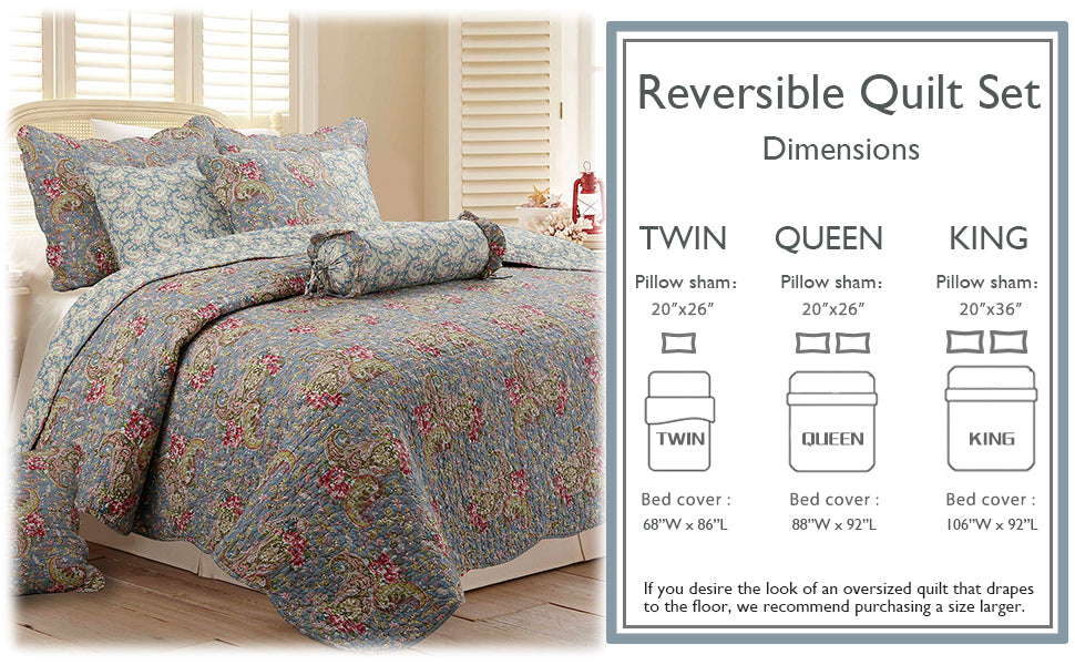 Floral Paisley Blue Cotton 3-Piece Reversible Quilt Bedding Set