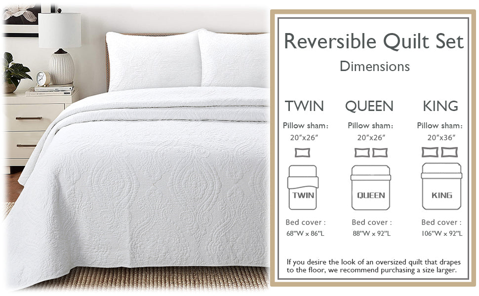 Solid White Chic Brocade Matelassé Medallion Floral Cotton Reversible Quilt Bedding Set