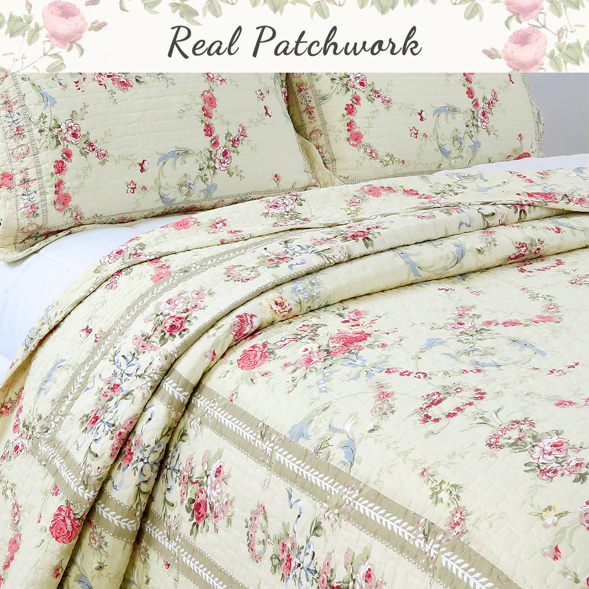 Rose Romance Floral Cotton Reversible Quilt Bedding Set