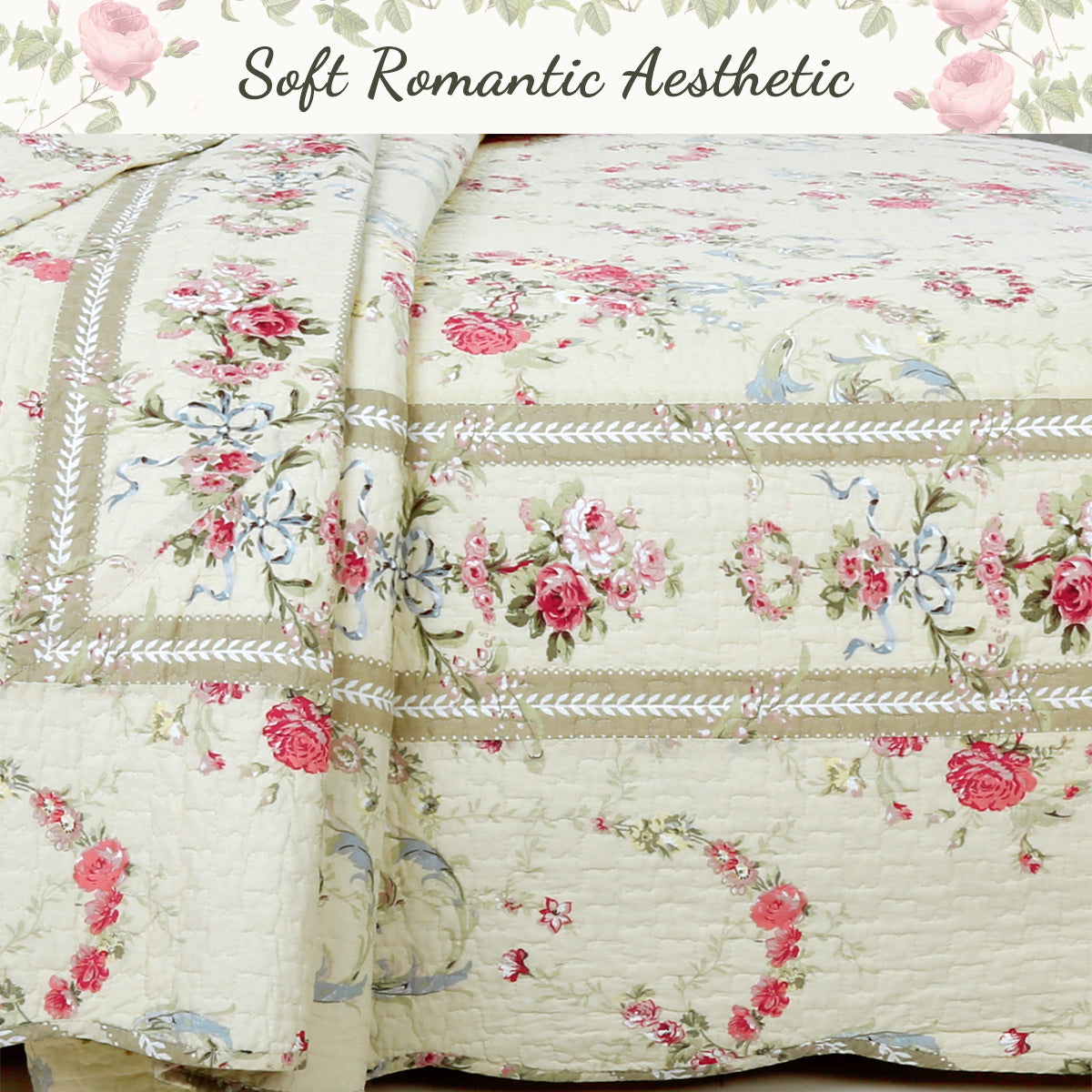 Rose Romance Floral Cotton Reversible Quilt Bedding Set