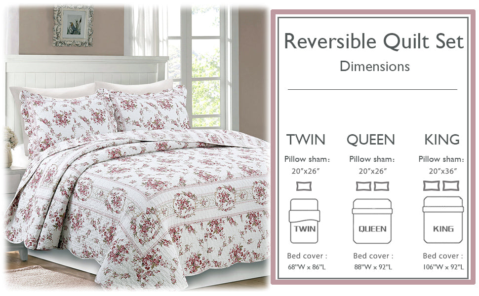 Shabby Chic Vintage Floral Rose Garden Scalloped Cotton Reversible Quilt Bedding Set