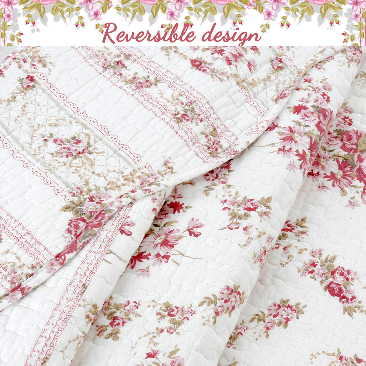 Shabby Chic Vintage Floral Rose Garden Scalloped Cotton Quilted Reversible Throw Blanket
