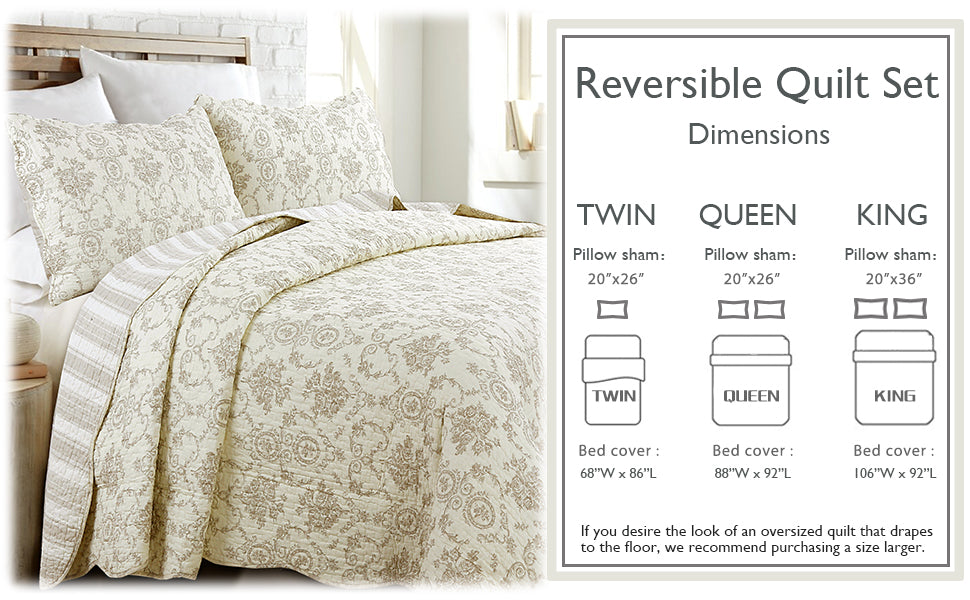 French Medallion Ivory Scalloped Edge Cotton 3-piece Reversible Quilt Bedding Set