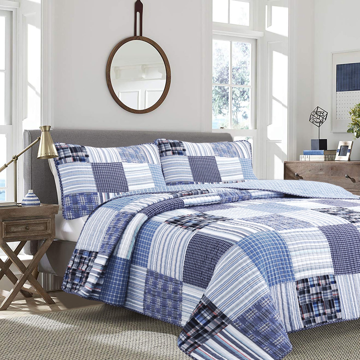 Daniel Stripe Plaid Blue Real Patchwork Cotton Reversible Quilt Bedding Set