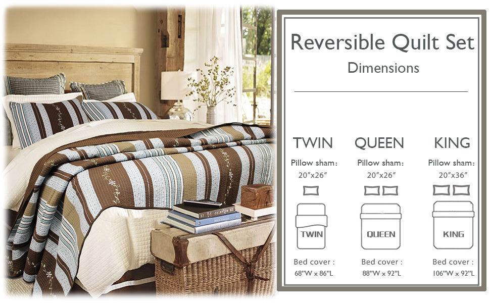 Mary Ann Stripe Real Patchwork Cotton 3-piece Reversible Quilt Bedding Set