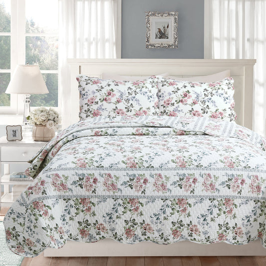 Centers Floral Print Garden Scalloped Edge 3-Piece Cotton Reversible Quilt Bedding Set
