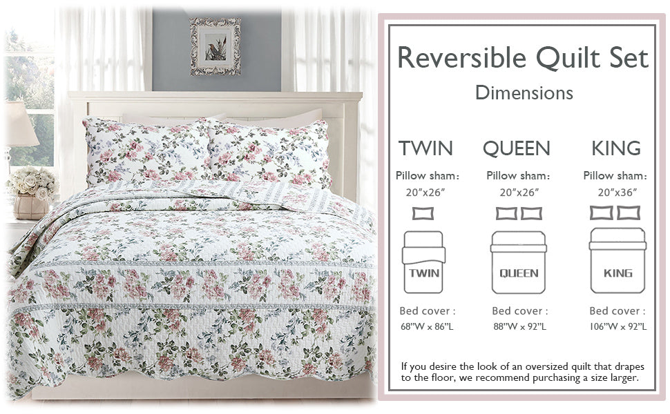 Centers Floral Print Garden Scalloped Edge 3-Piece Cotton Reversible Quilt Bedding Set
