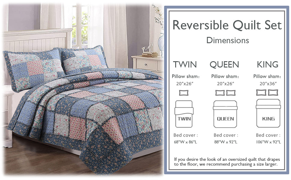 Mraz Blue Pink Ruffle Real Patchwork Cotton 3-Piece Reversible Quilt Bedding Set