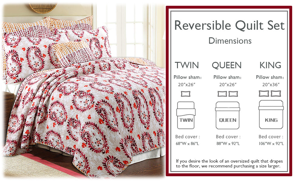 Elamin Paisley Red Queen 3-Piece Reversible Quilt Bedding Set