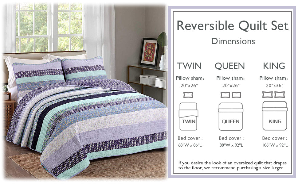 Safira Striped Purple 3-Piece Cotton Reversible Quilt Bedding Set