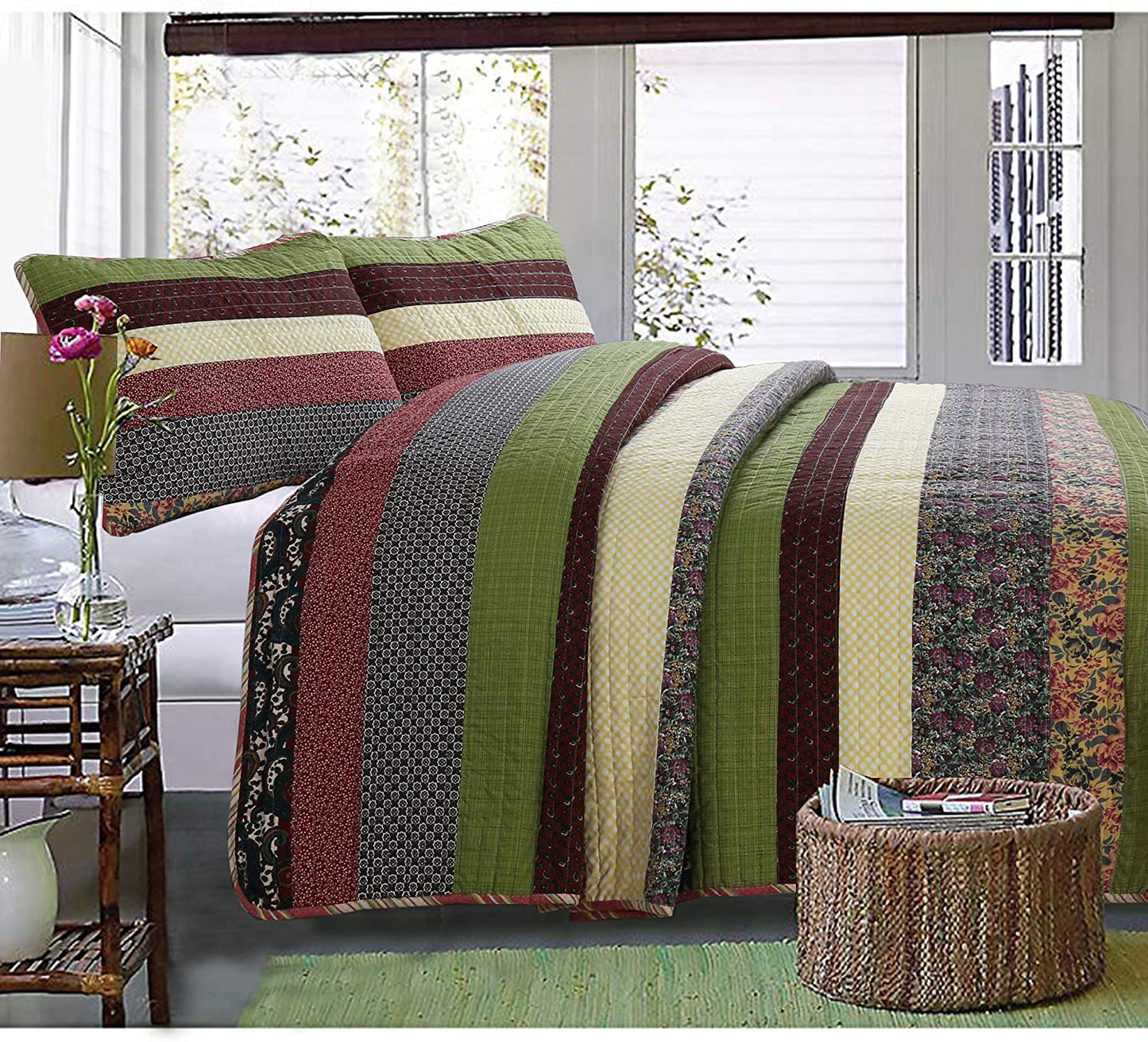 Sandpiper Cove Stripped Cotton 3-Piece Reversible Quilt Bedding Set
