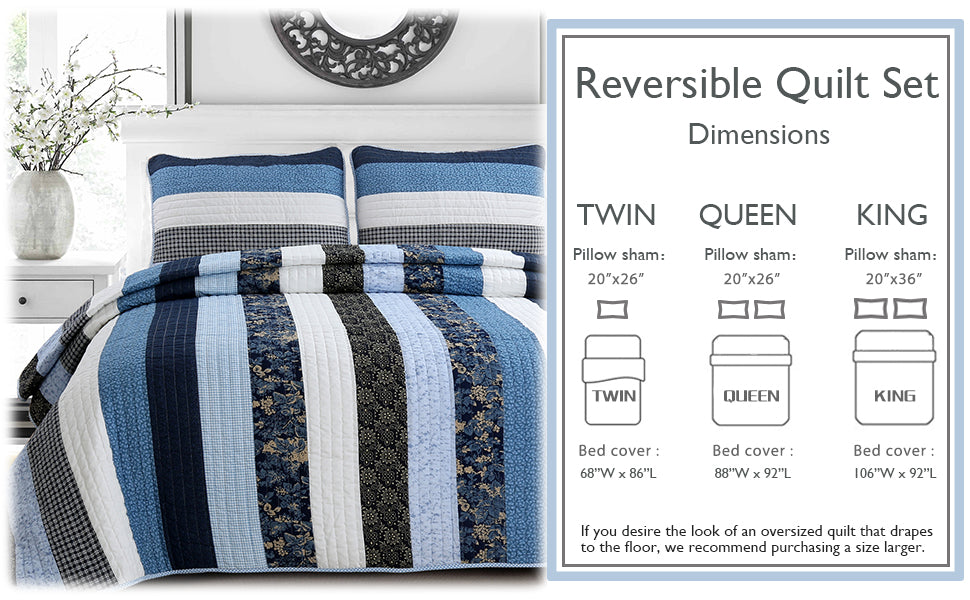 Petrey Blue Stripe Real Patchwork Cotton 3-Piece Reversible Quilt Bedding Set