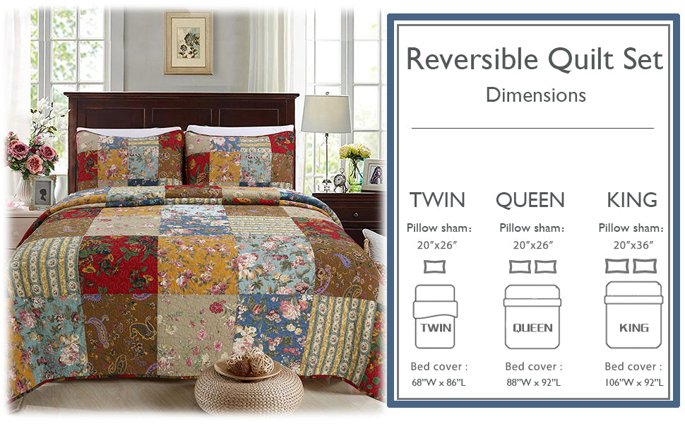 Ryleigh Floral Real Patchwork Country Garden Fall Flowers Paisley 3-Piece Cotton Reversible Quilt Bedding Set