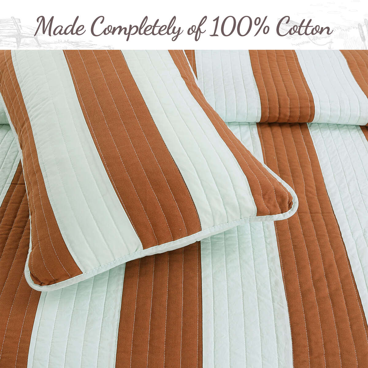 Elaina Brick Red Aqua Striped 3-Piece Cotton Reversible Quilt Bedding Set