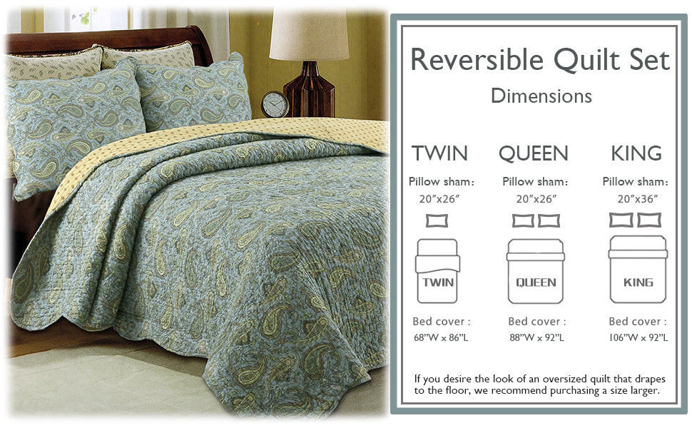 Green Blue Persian Paisley Scalloped Cotton 3-Piece Reversible Quilt Bedding Set