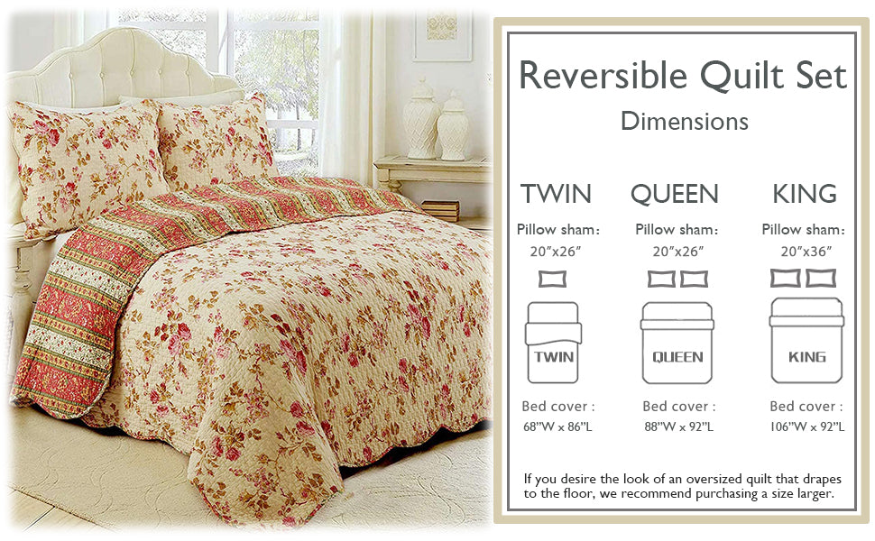Vintage Rose Floral Cotton Quilted Scalloped 3-Piece Reversible Quilt Bedding Set