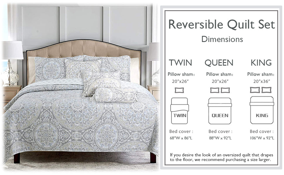 Venetia Gray Medallion 3-Piece Reversible Quilt Bedding Set