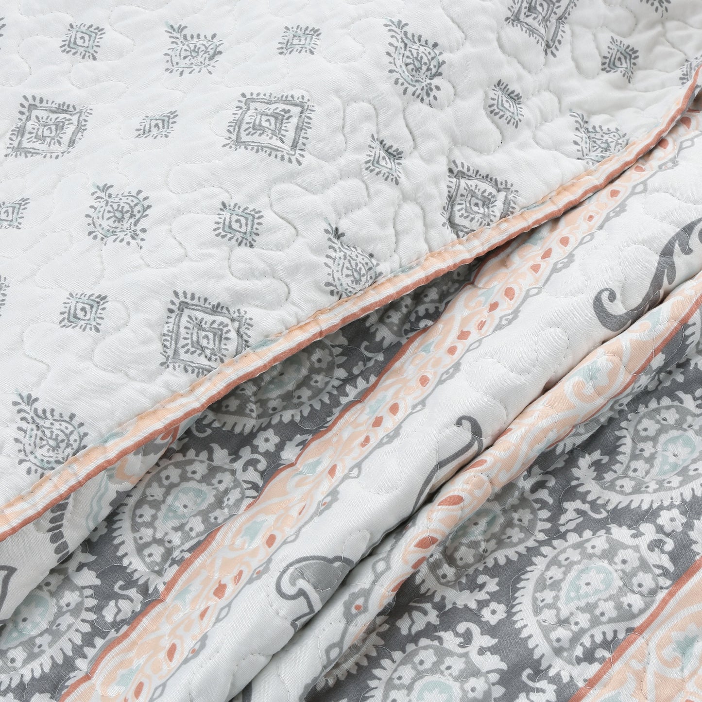 Peach Paisley Print Grey Aqua Blue Floral 3-Piece Reversible Quilt Bedding Set