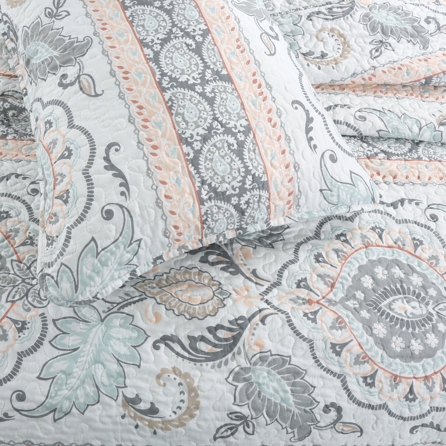 Peach Paisley Print Grey Aqua Blue Floral 3-Piece Reversible Quilt Bedding Set