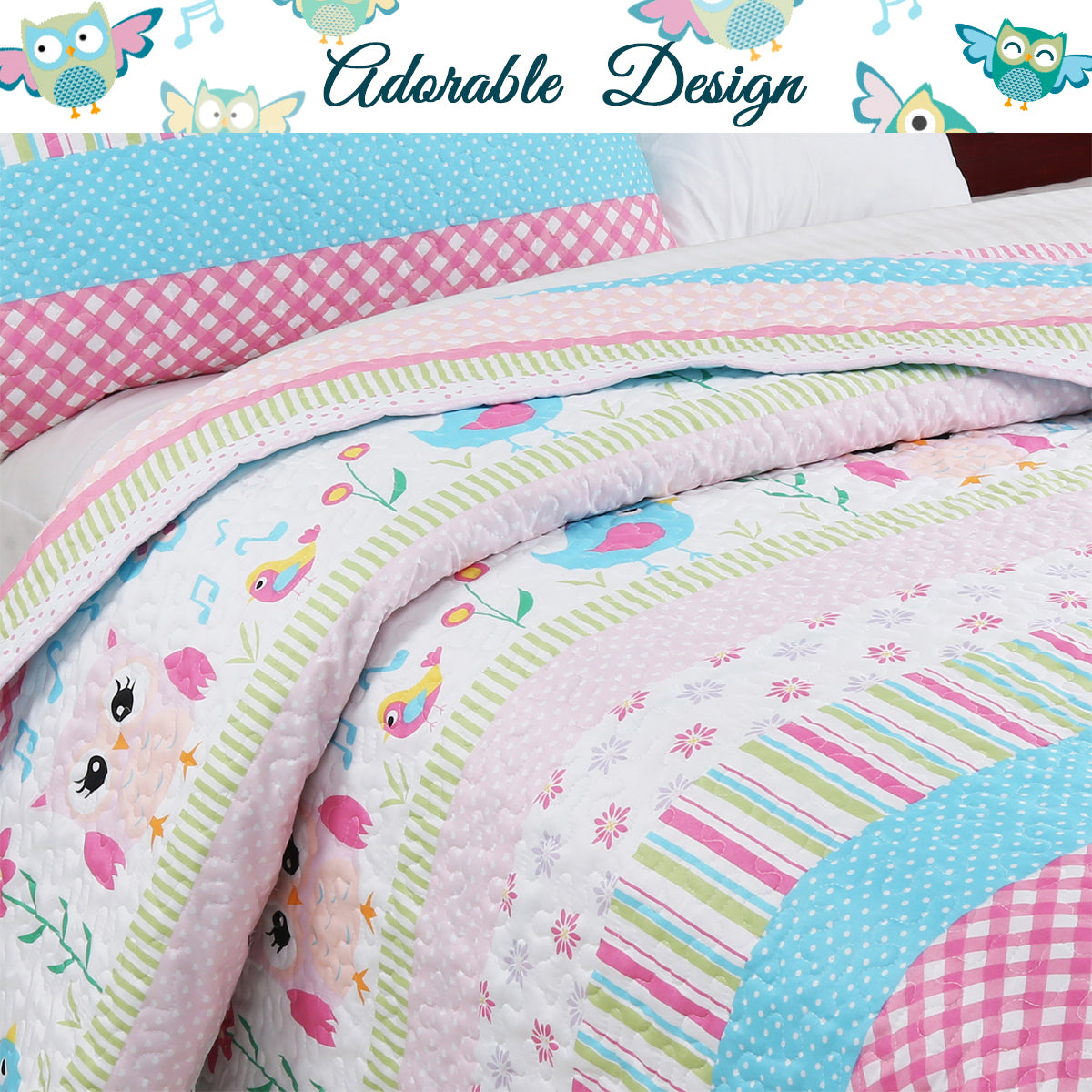 Home Sweet Pink Owl Print Stripe Girl Reversible Quilt Bedding Set