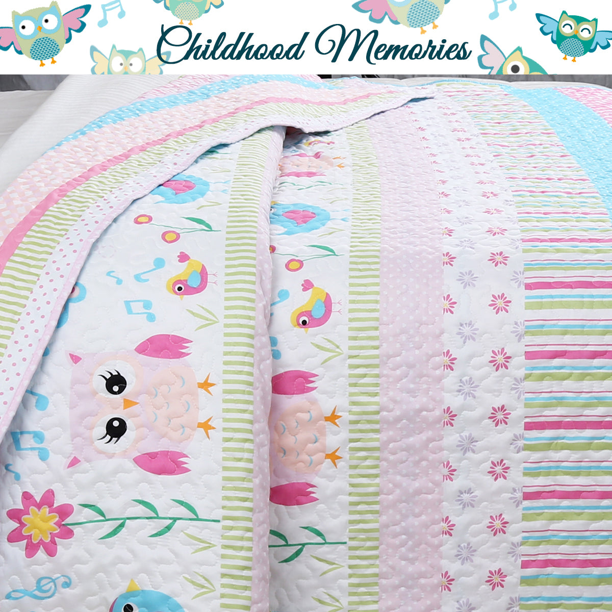 Home Sweet Pink Owl Print Stripe Girl Reversible Quilt Bedding Set