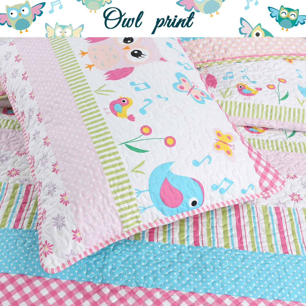 Home Sweet Pink Owl Print Stripe Girl Reversible Quilt Bedding Set