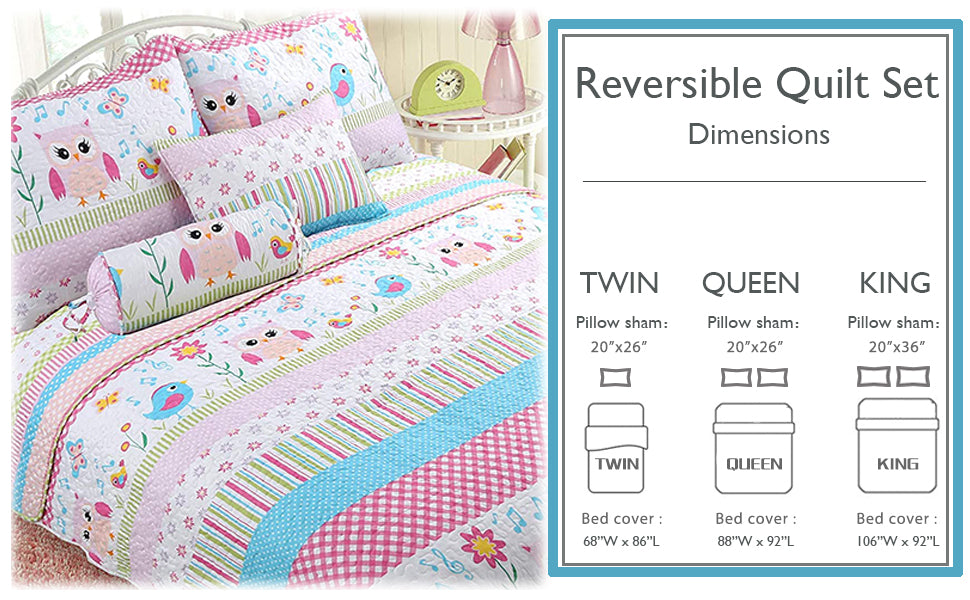 Home Sweet Pink Owl Print Stripe Girl Reversible Quilt Bedding Set