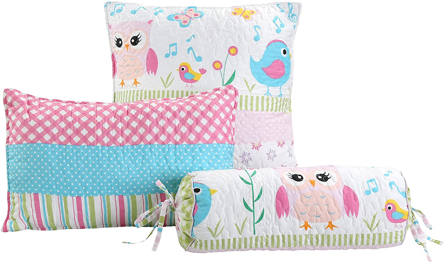 Home Sweet Pink Owl Print Stripe Girl Reversible Quilt Bedding Set
