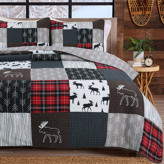 Moose Lodge Rustic Cabin Black Real Patchwork Reversible Quilt Bedding Set