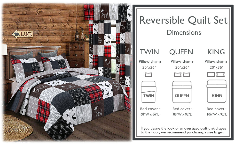 Moose Lodge Rustic Cabin Black Real Patchwork Reversible Quilt Bedding Set