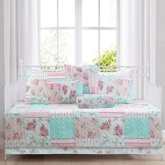 Tiffany Pink Blossom Floral Garden Girl Print Patchwork Reversible DayBed Quilted Bedding Set