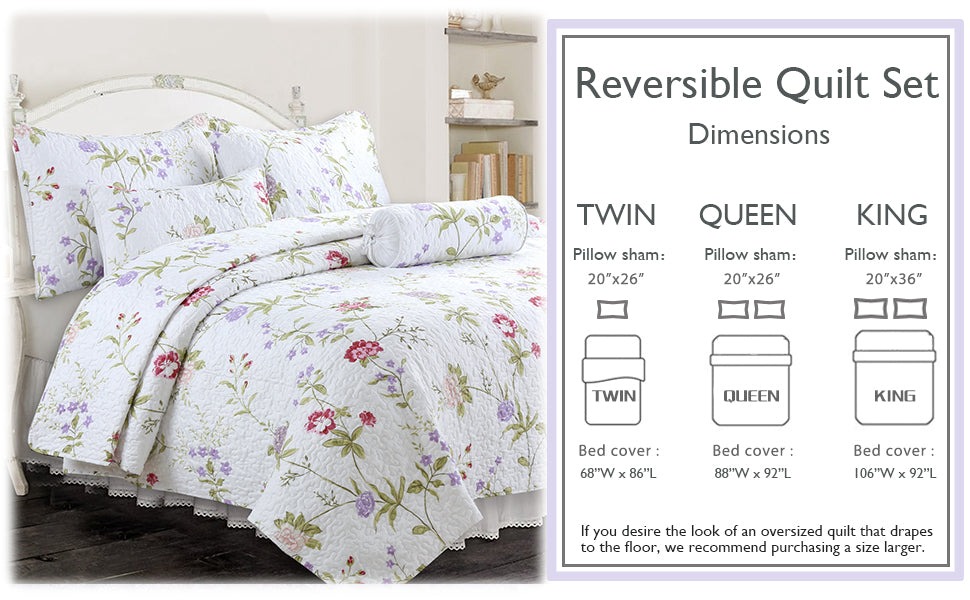 Cozy Line Home Fashions Pink Lavender Flower Quilt Bedding Set, Coverlet, Bedspread (Lucie Floral, Queen