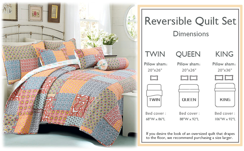 Antique Chic Medallion Print Patchwork 3-Piece Reversible Quilt Bedding Set