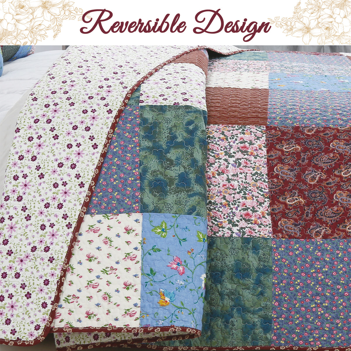 Harvest Vintage Floral Paisley Real Patchwork 3-Piece Cotton Reversible Quilt Bedding Set