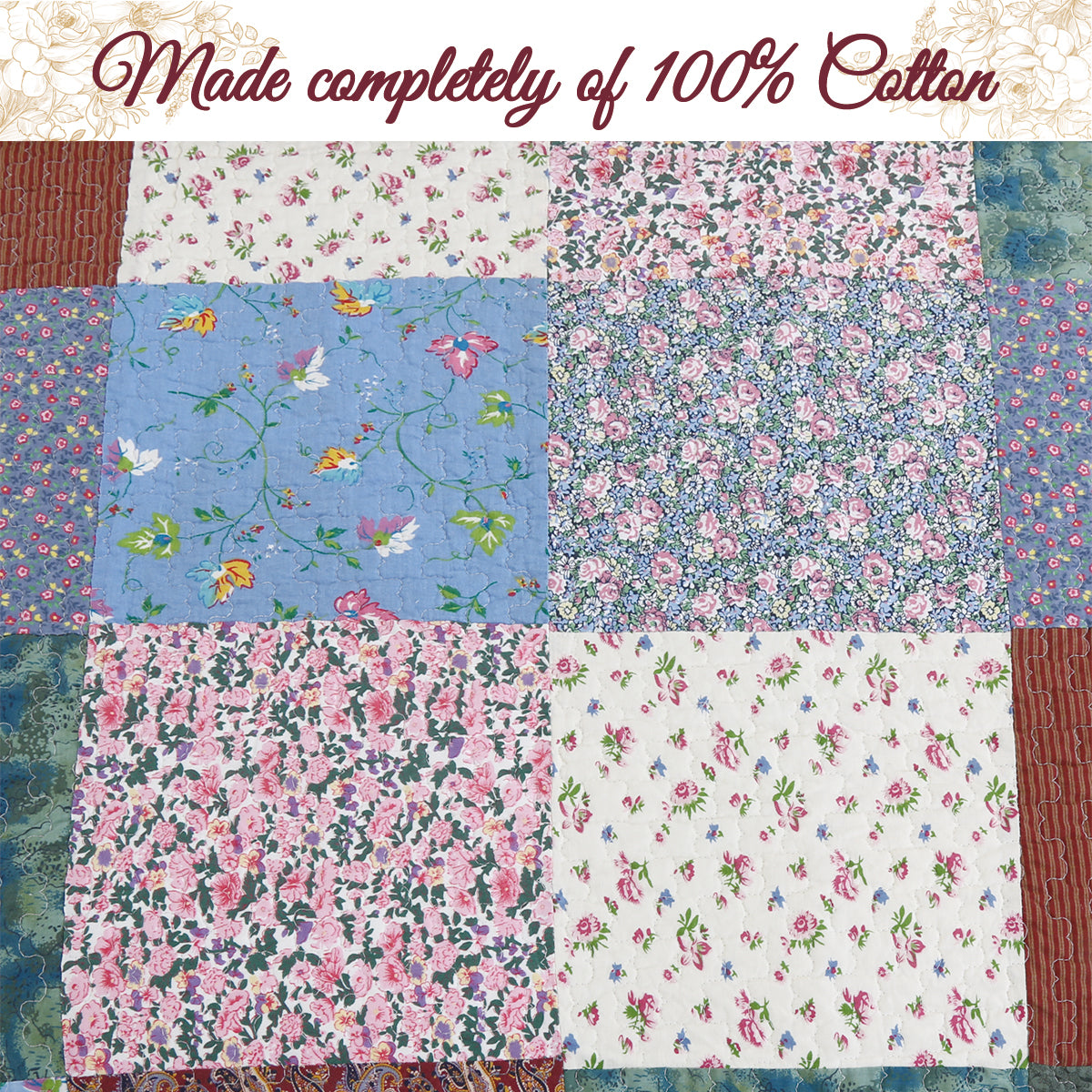Harvest Vintage Floral Paisley Real Patchwork 3-Piece Cotton Reversible Quilt Bedding Set