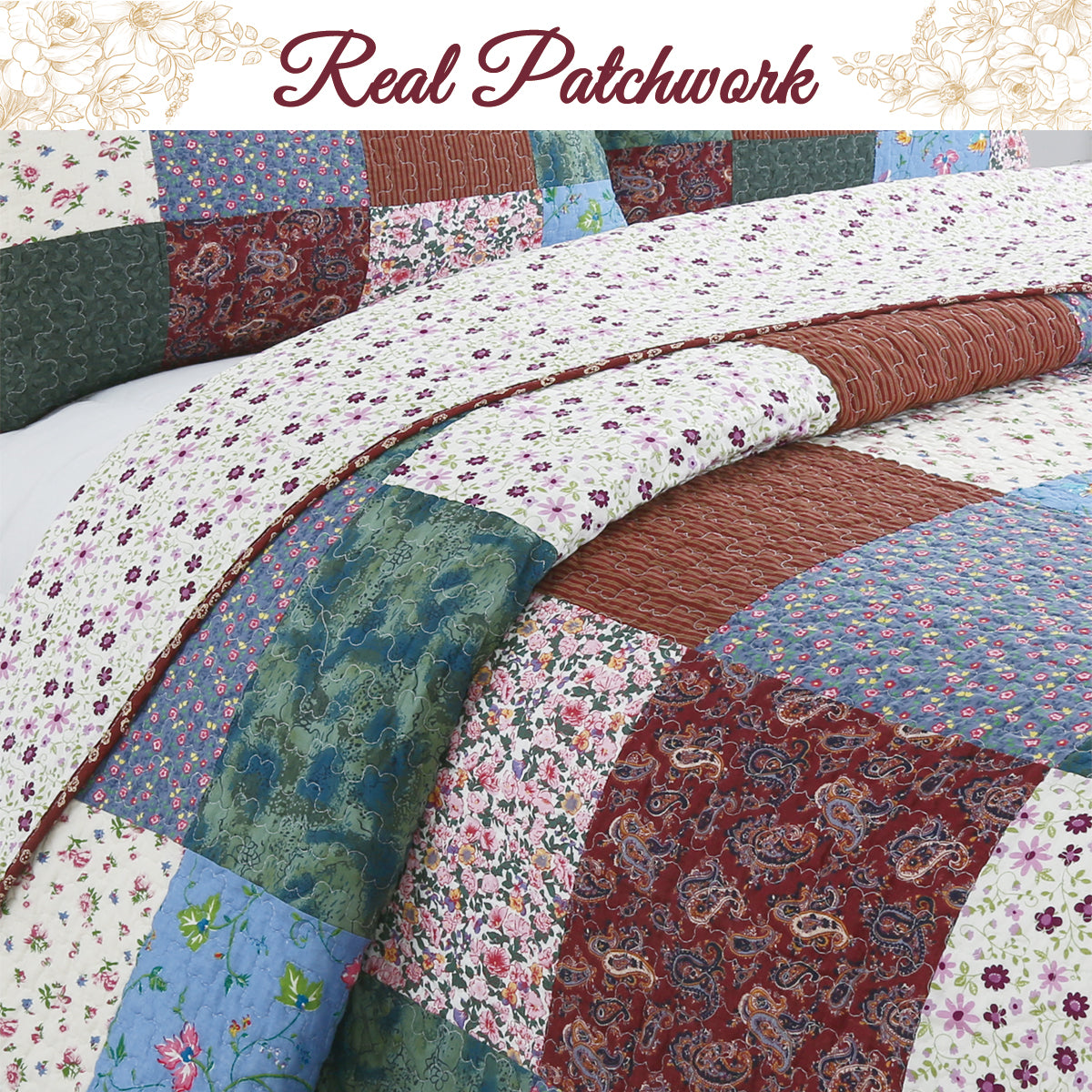 Harvest Vintage Floral Paisley Real Patchwork 3-Piece Cotton Reversible Quilt Bedding Set