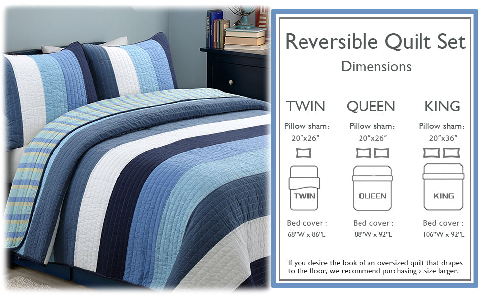 Sophisticated Shades of Ocean Blues Stripped Cotton Reversible Quilt Bedding Set