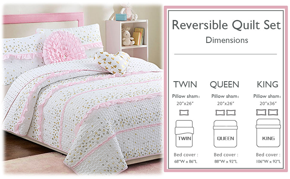 Sweet Heart Polka Dot Pink Ruffle Cotton Reversible Quilt Bedding Set