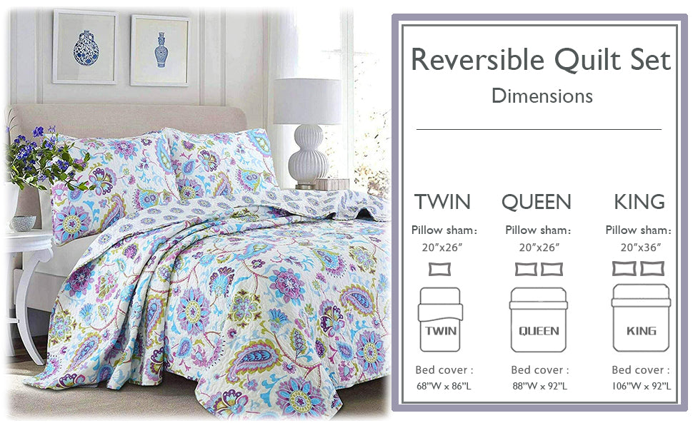 Purplish Floral 3-Piece Reversible Quilt Bedding Set