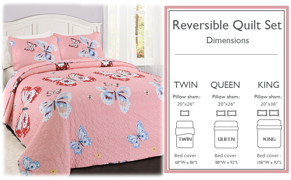 Butterflies Flutter Pink Girl Print Reversible Quilt Bedding Set