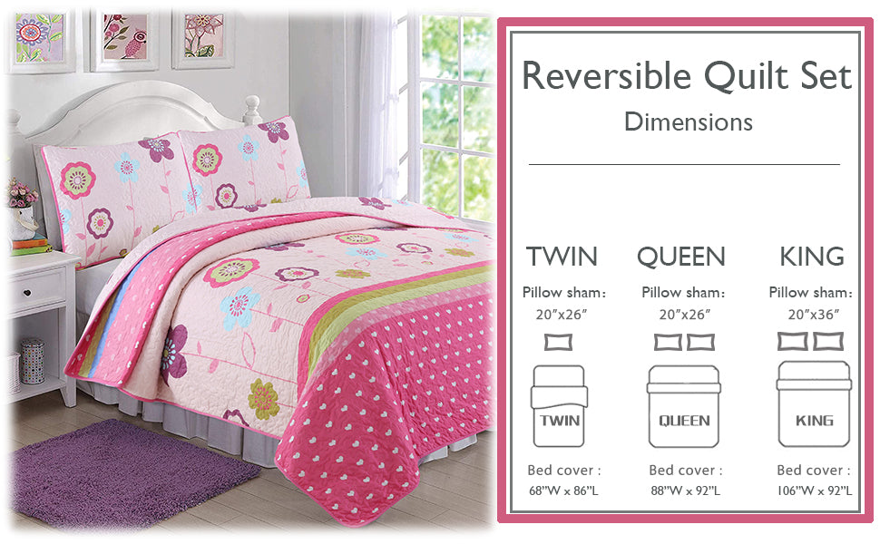 Pink Flower Garden Girl Print Reversible Quilt Bedding Set