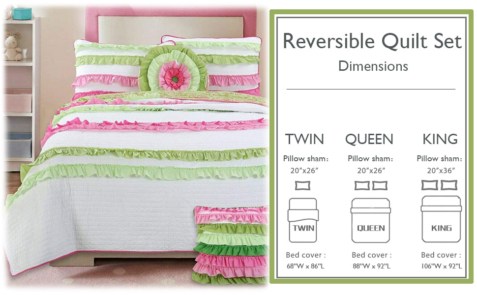 Pink Green Chic Ruffle Girl Cotton Reversible Quilt Bedding Set