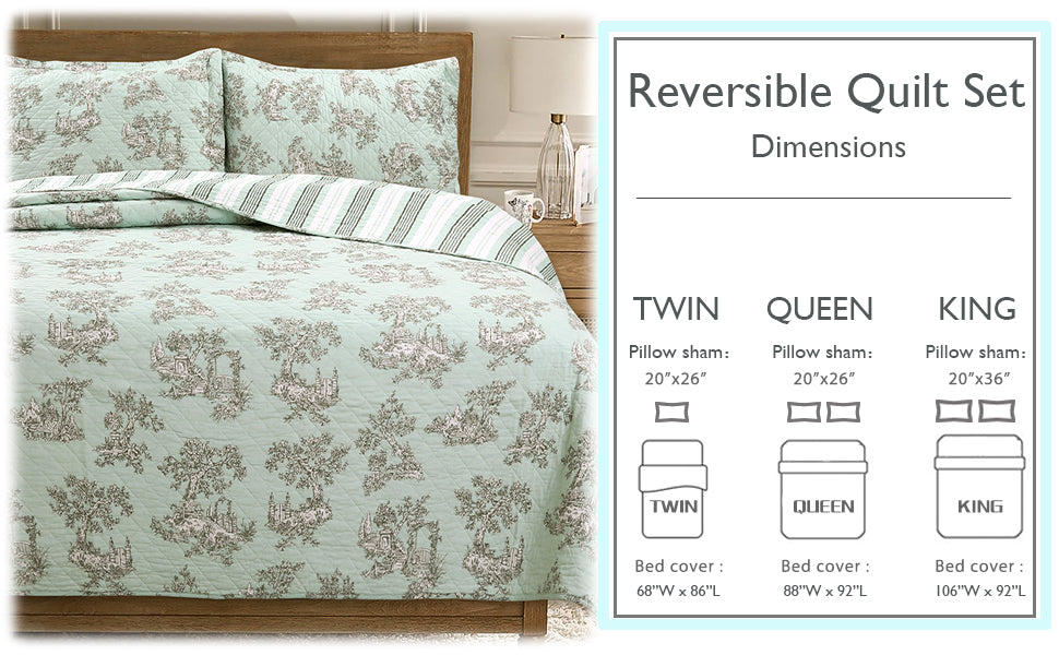 Cottage Garden Floral Toile Mint Green 3-Piece Cotton Reversible Quilt Bedding Set
