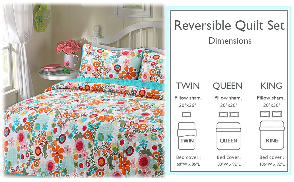 Floral Whimsy Colorful Reversible Quilt Bedding Set