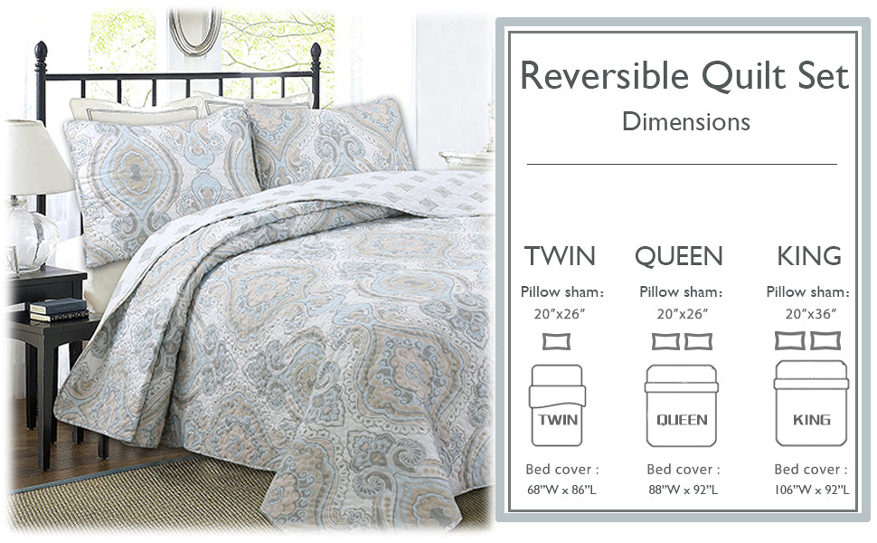 Modern Medallion Sky Blue Tan Gray Brocade 3-Piece Reversible Quilt Bedding Set
