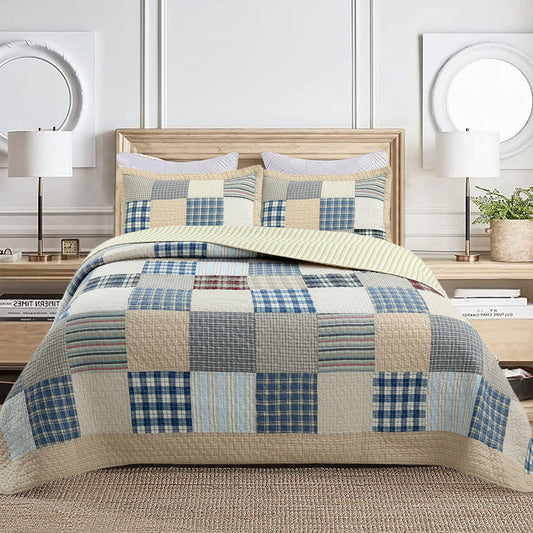 Tattersall Blue Tan Tartan Plaid Real Patchwork 3-Piece Reversible Quilt Bedding Set
