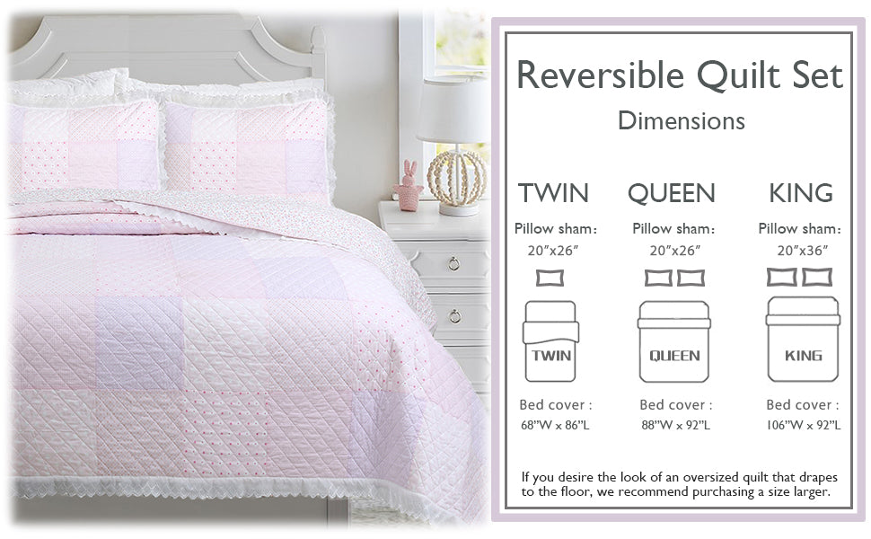 Precious Pink Floral Dot Ruffle Plaid Real Patchwork Cotton Reversible Quilt Bedding Set