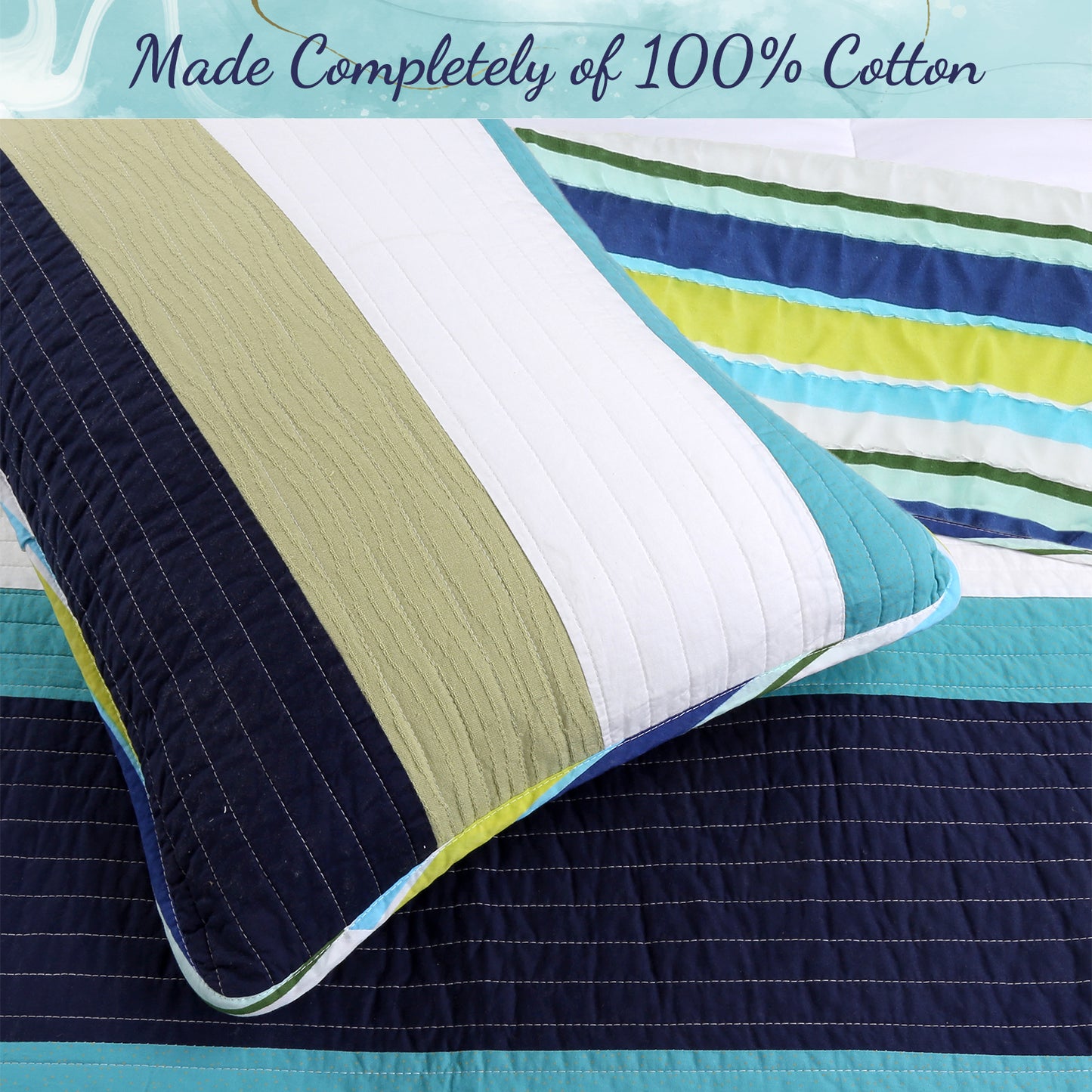 Aquamarine Striped Navy Blue Green Star Dot Cotton Reversible Quilt Bedding Set