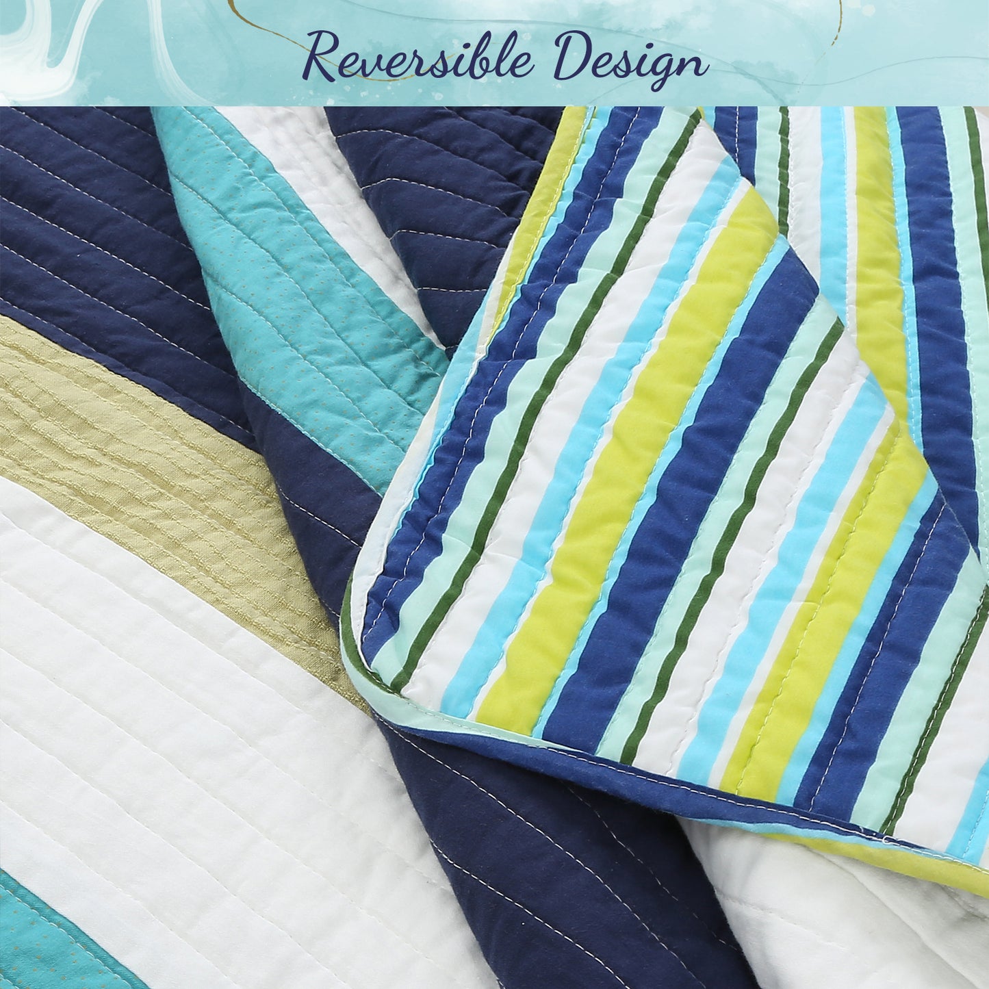 Aquamarine Striped Navy Blue Green Star Dot Cotton Reversible Quilt Bedding Set
