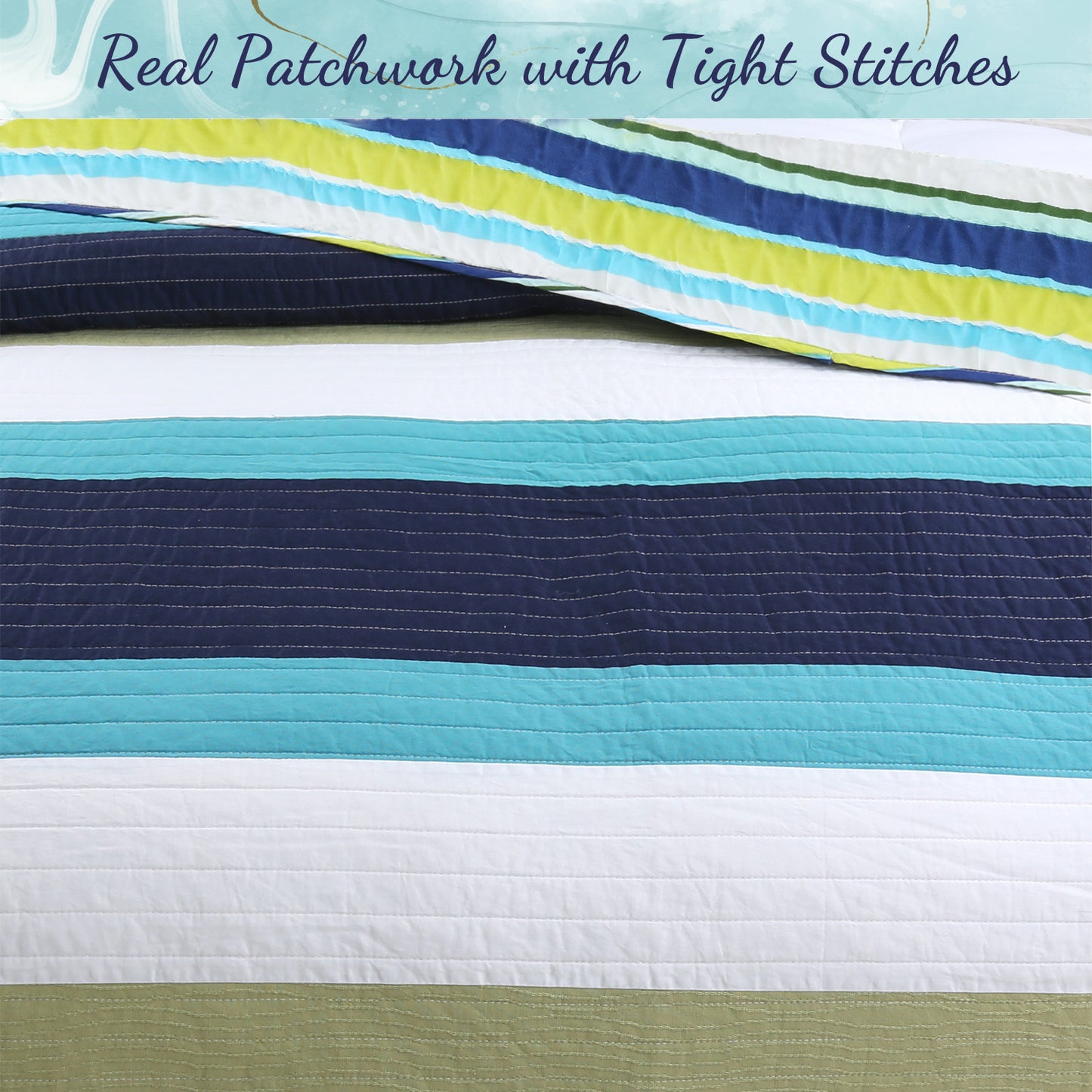 Aquamarine Striped Navy Blue Green Star Dot Cotton Reversible Quilt Bedding Set